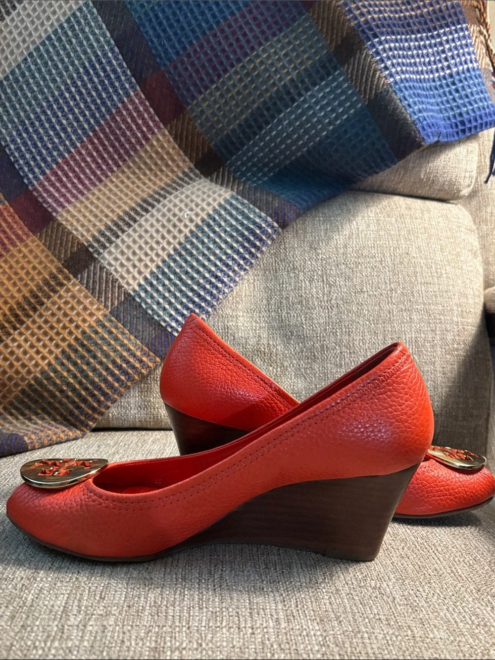 Tory Burch Sally Peep Toe Orange Pebbled Leather Sandals- 7